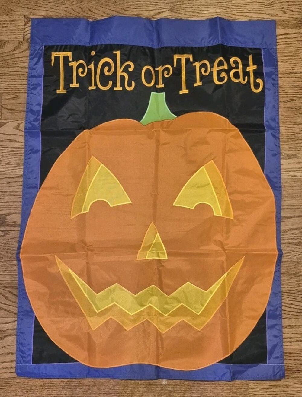 Vintage Blue Orange Embroidered Halloween Trick or Treat Yard Flag 27x39" Nylon
